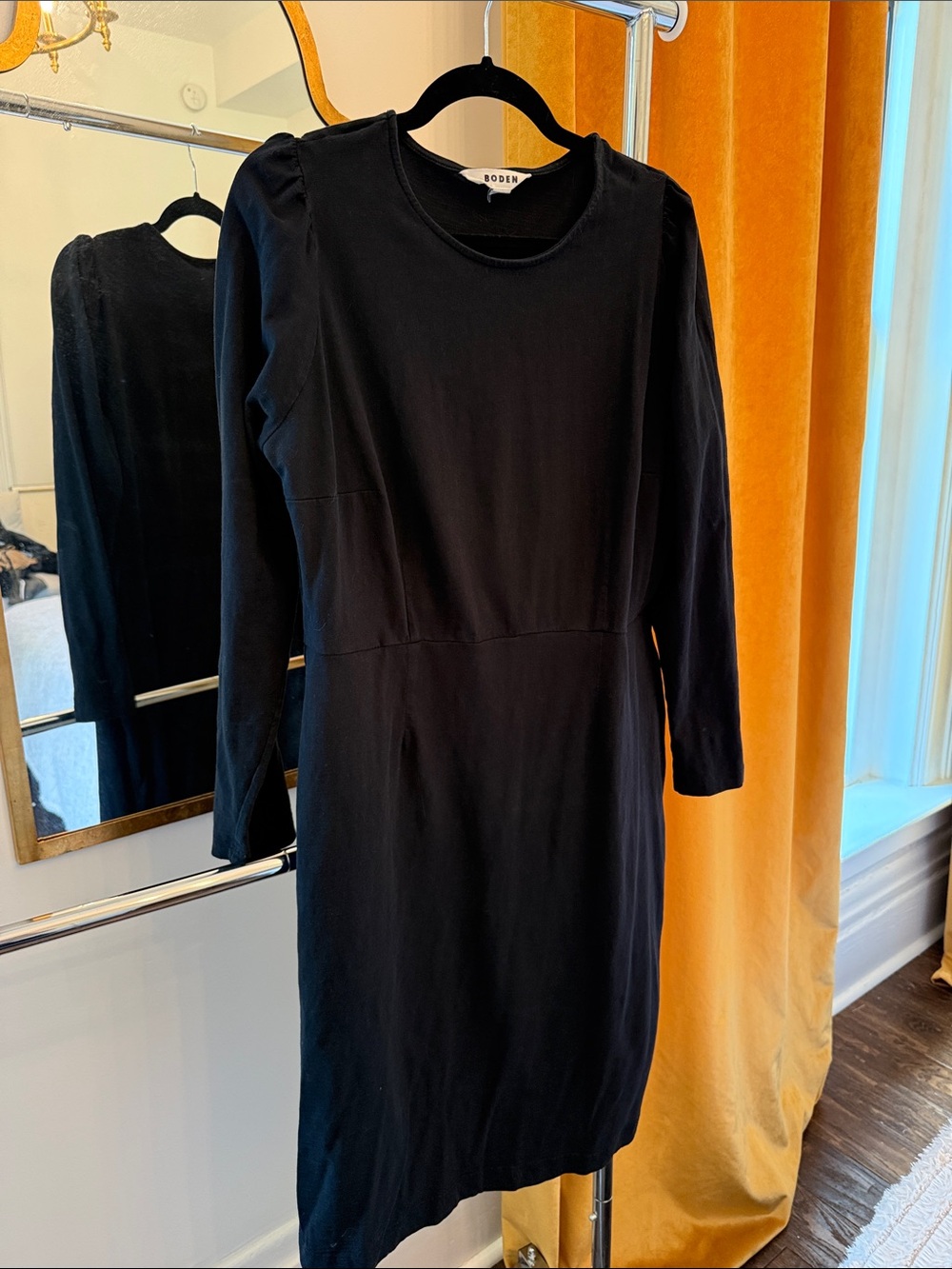 Boden Black Long Sleeve Sheath Dress with Subtle Puff Shoulders 14 Long